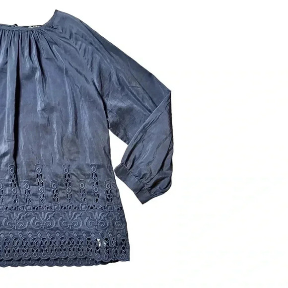 Madewell | Eyelet-Edge Shirred Silk Blouse Navy Size Small - Picture 3 of 5